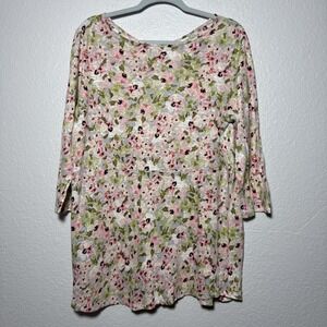 J Jill Love Linen Blouse Shirt 3/4 Sleeve Pink Floral Tunic Size Medium